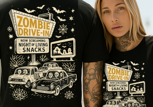 Two people wearing black t-shirts with a zombie-themed design.