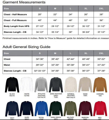 a collection of clothing items, including sizes, chest measurements, waist measurements, and sleeve lengths, as well as a guide for adult general sizing.