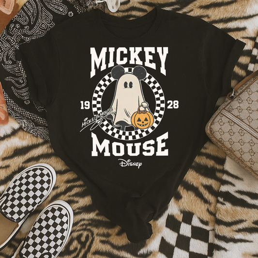 DTF Transfer Halloween Ghost Pumpkin Tee – Vintage Checkered Graphic Style