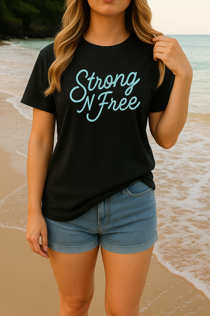 T-Shirt Or Crewneck Hoodie – Strong N Free Script Design in Light Blue