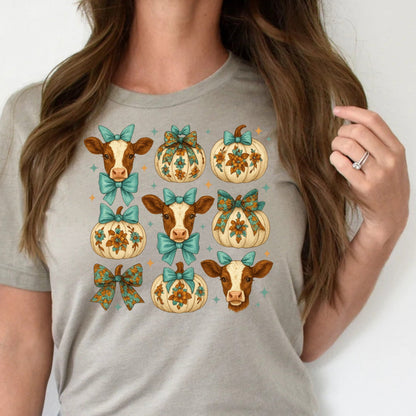 T-Shirt Sweatshirt Crewneck Fall Cow & Pumpkin Grid – Teal Bows, Floral Pumpkins & Farm Charm