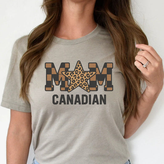 T-Shirt Sweatshirt Crewneck – Canadian Mom with Leopard Star & Checkered Western Style