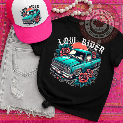 DTF Transfer Low Rider Truck with Roses – Retro Teal Pickup Design