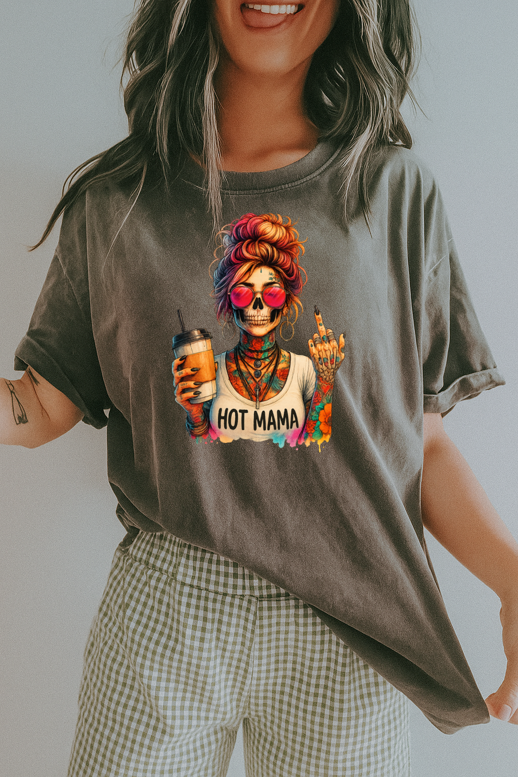 DTF Transfer Hot Mama Tattooed Skull – Colorful Coffee Skeleton with Attitude