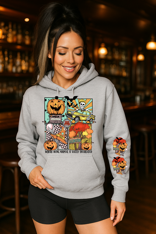 Woman wearing a gray hoodie with Halloween-themed graphics in a bar setting