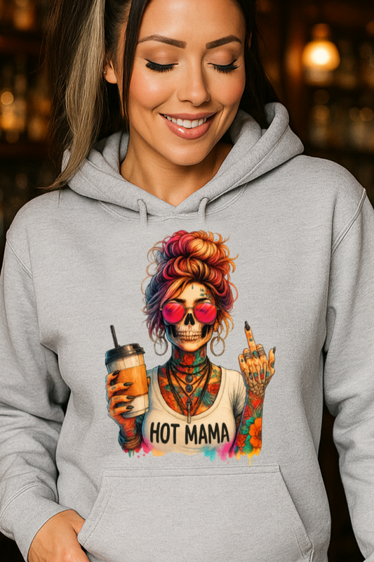 DTF Transfer Hot Mama Tattooed Skull – Colorful Coffee Skeleton with Attitude