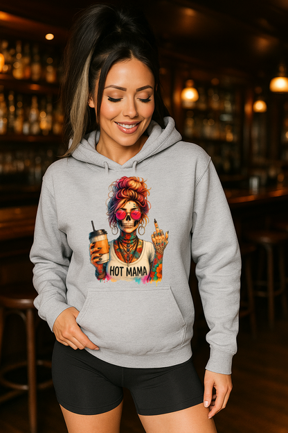 DTF Transfer Hot Mama Tattooed Skull – Colorful Coffee Skeleton with Attitude