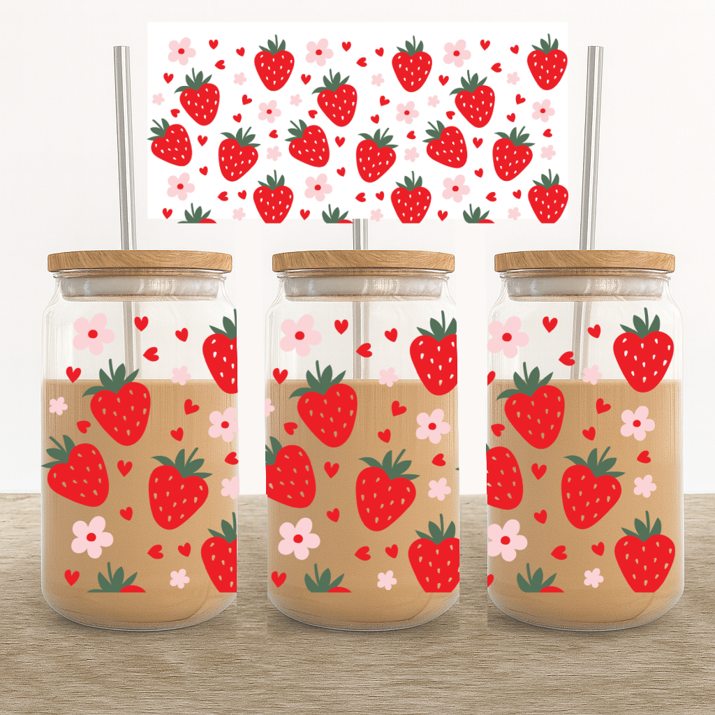 UV DTF Cup Wrap – Sweet Strawberry & Floral Hearts Valentines Theme