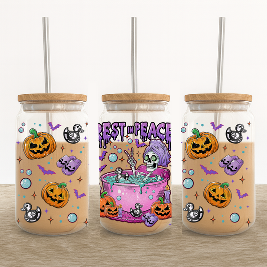 UV-DTF Halloween Glass Cup Wrap – Rest in Peace Skeleton Bath, Pumpkins