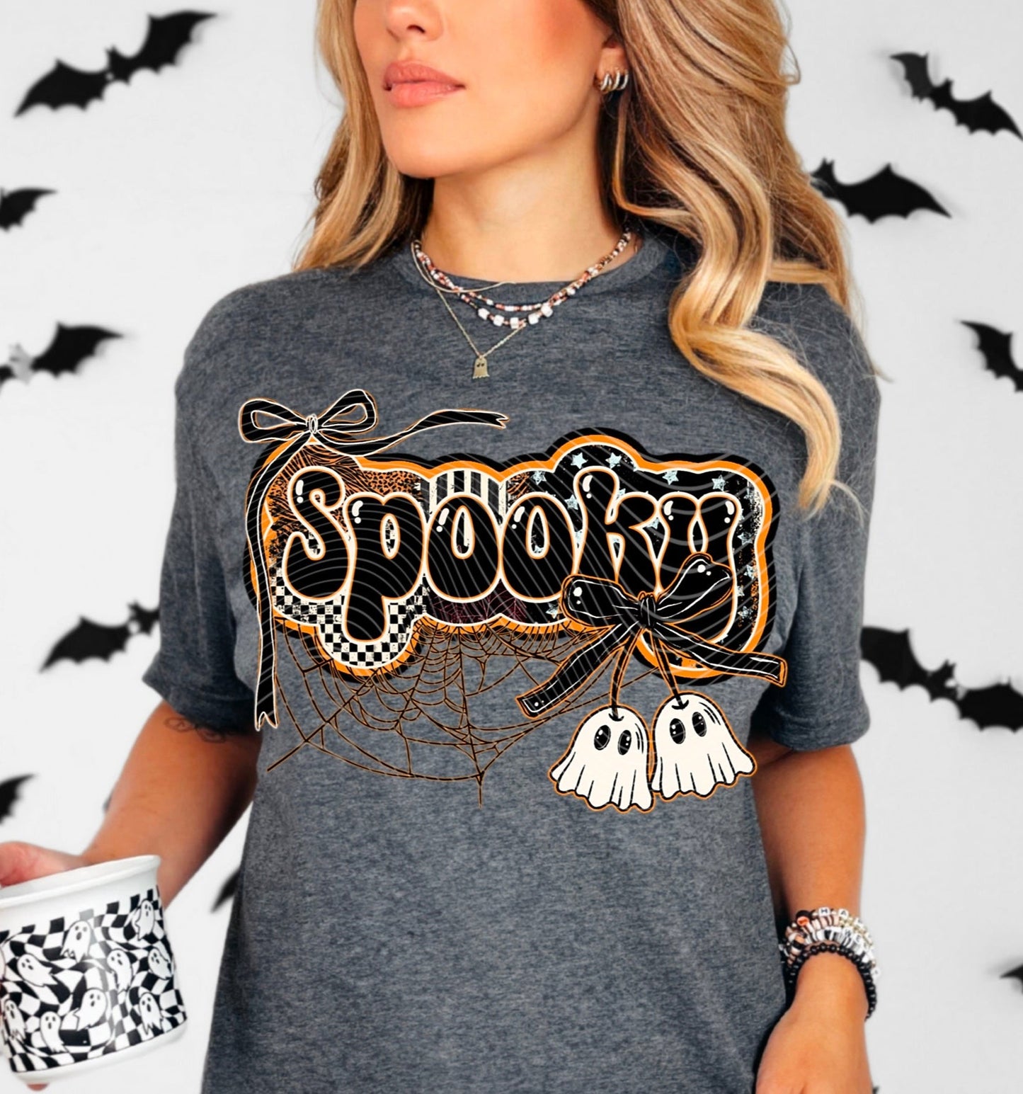 T-Shirt Hoody Spooky Ghosts with Web & Bows – Retro Checkerboard