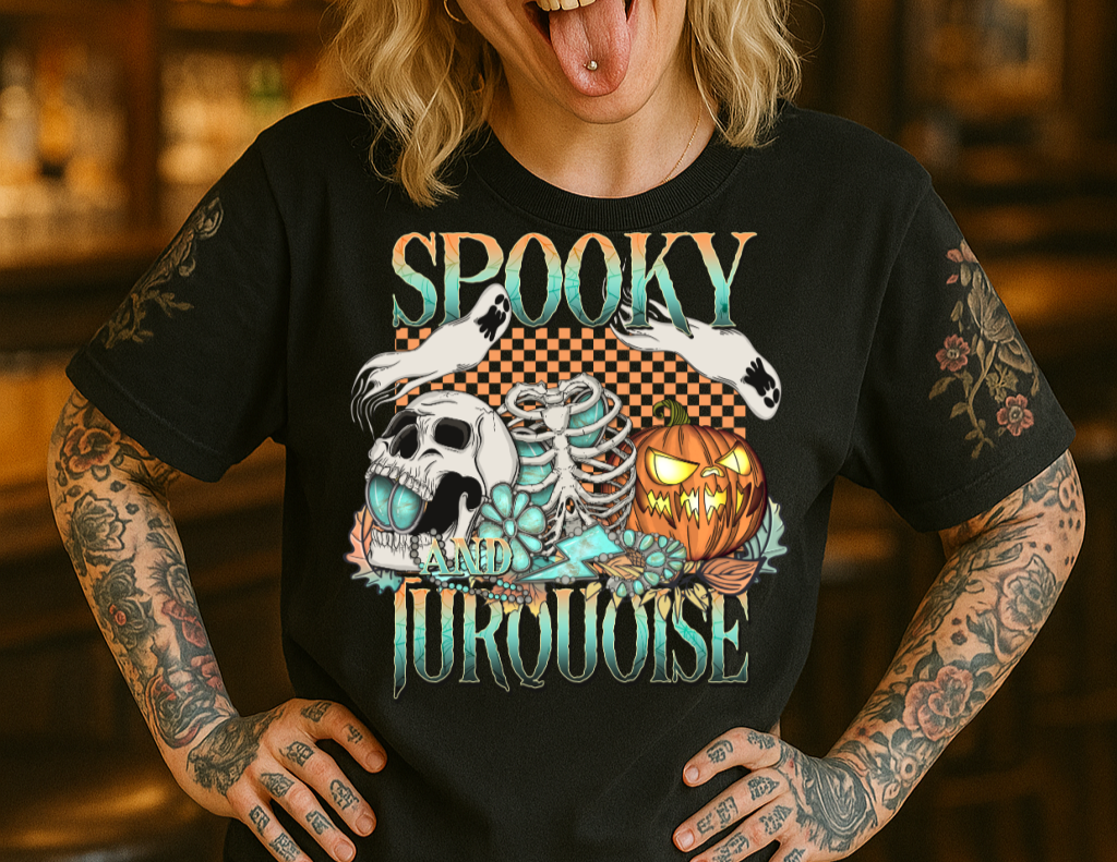 Person wearing a black t-shirt with 'Spooky Turquoise' design and a racing cap in a bar setting.