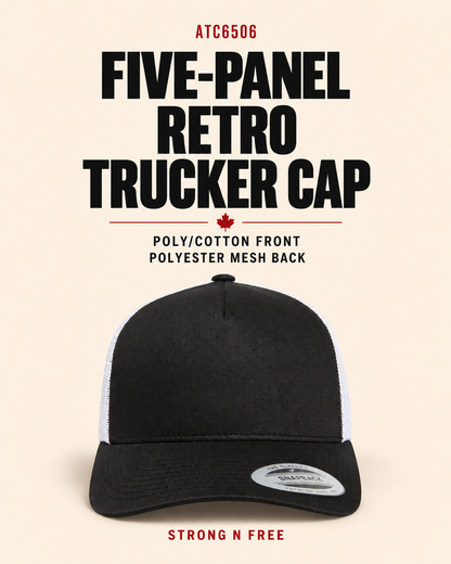ATC6506 five-panel retro trucker cap in black and white, Strong N Free wholesale feature