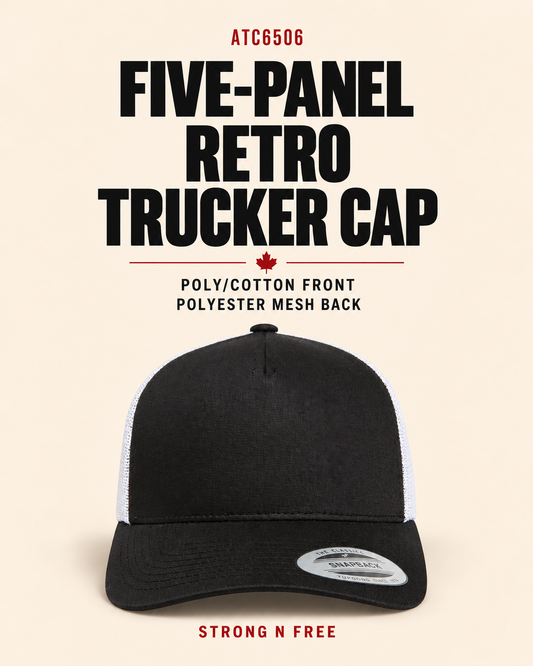 ATC6506 five-panel retro trucker cap in black and white, Strong N Free wholesale feature