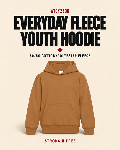 ATCY2500 Everyday Fleece Youth Hoodie in caramel, 50/50 cotton/polyester fleece. Strong N Free feature poster.