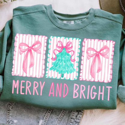 DTF Transfer Merry and Bright – Pink Bows & Christmas Tree Holiday Design
