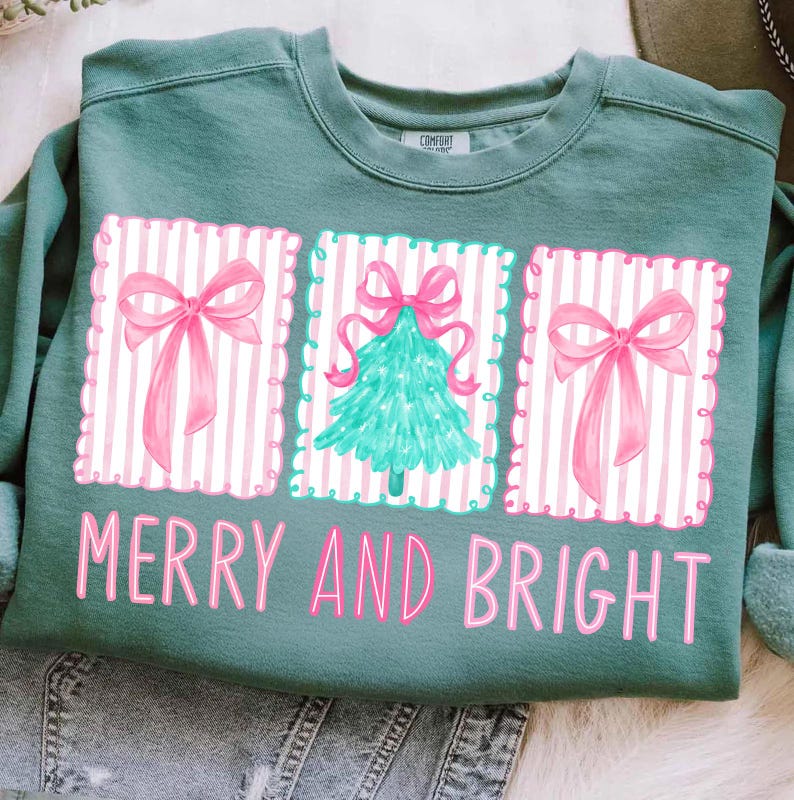 DTF Transfer Merry and Bright – Pink Bows & Christmas Tree Holiday Design