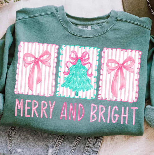 DTF Transfer Merry and Bright – Pink Bows & Christmas Tree Holiday Design