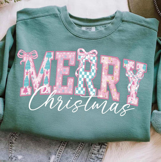 DTF Transfer Quilted Merry Christmas Letters with Bows