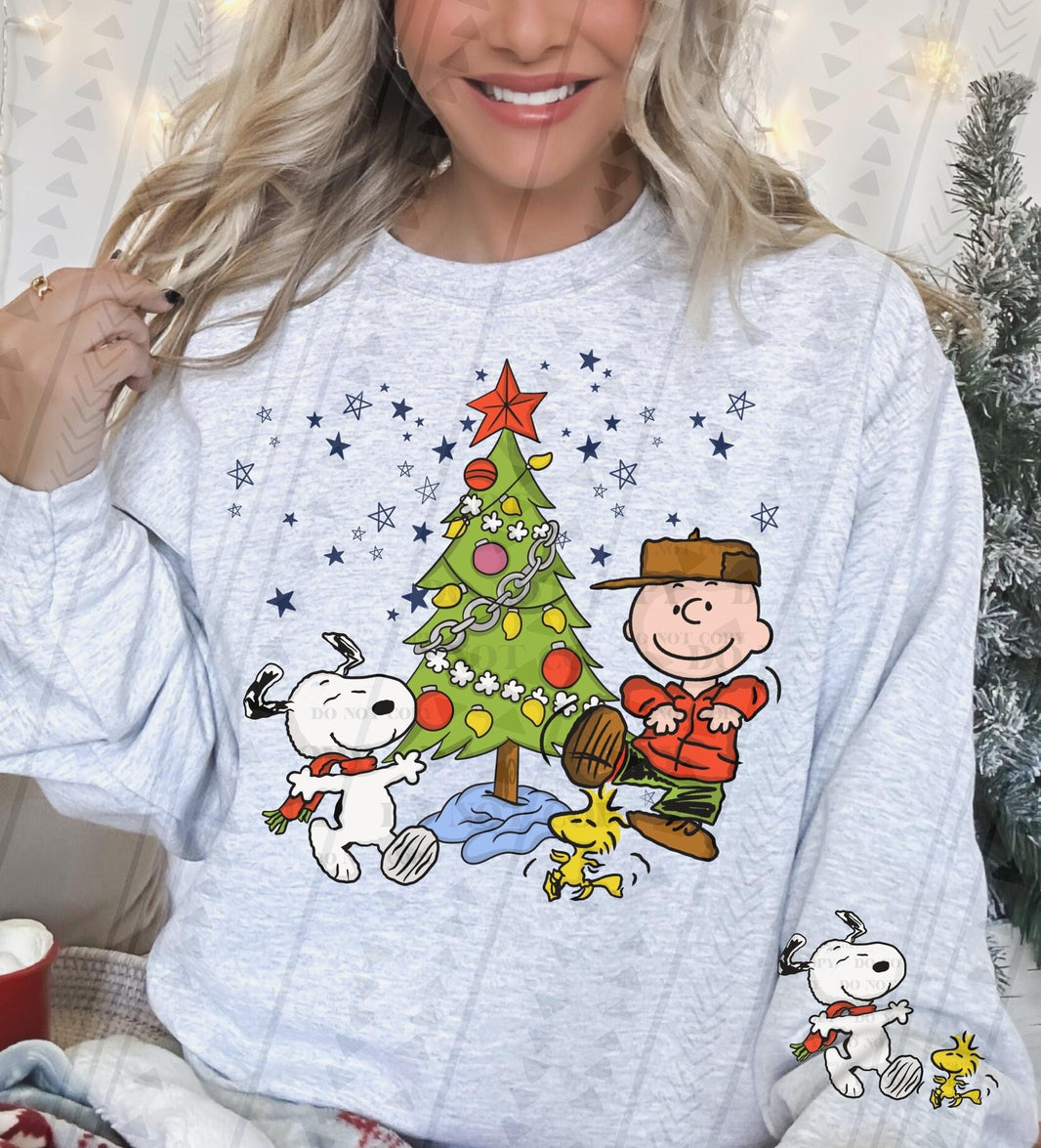 Snoopyy and Charliee Brown Christmas Tree Dance DTF transfer design preview; garment not included