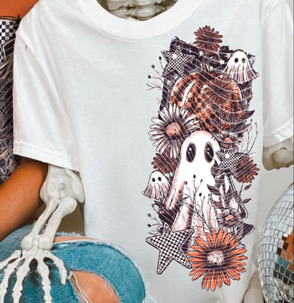 DTF Transfer Ghost Floral Grunge – Neutral Halloween with Checker Stars & Fall Flowers