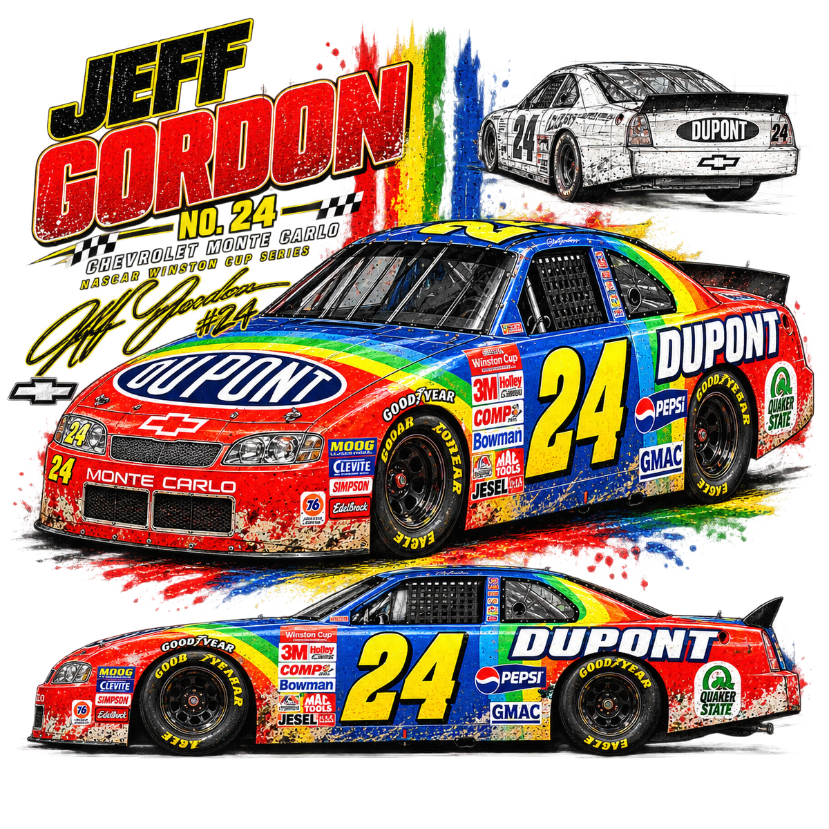 Jeff Gordonn No. 24 Rainbow Racing Collage halftone DTF transfer artwork for white garments only