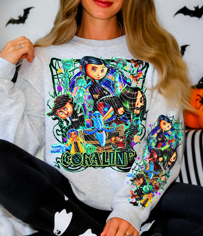 Person wearing a sweatshirt with 'Coraline' character design on a Halloween-themed background