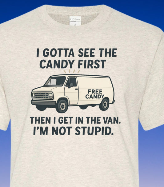 DTF Transfer Free Candy Van – Funny Dark Humor Graphic with Sarcastic Quote