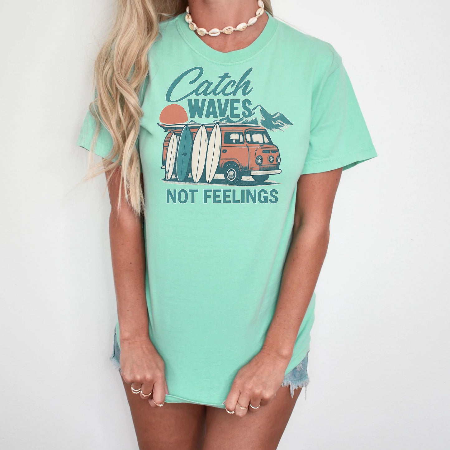 DTF Transfer Catch Waves Not Feelings – Retro Surf Van & Board Design