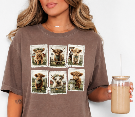 DTF Transfer Vintage Highland Cow Postage Stamp Rustic Farm