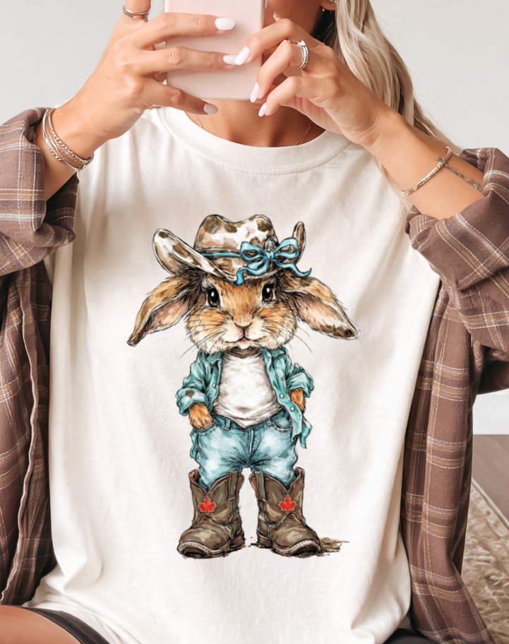 DTF Transfer Cute Western Bunny Cowgirl Boots Country Rabbit