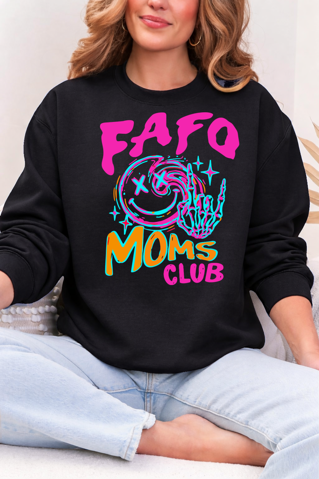 DTF Transfer FAFO Moms Club Neon Smiley Skull Hand Retro
