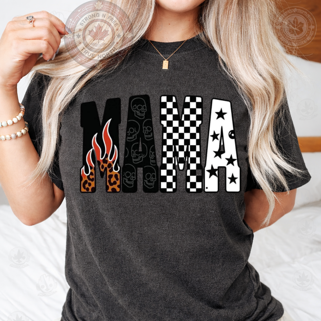 DTF Transfer Mama Graphic – Flame, Skull & Checker Letter