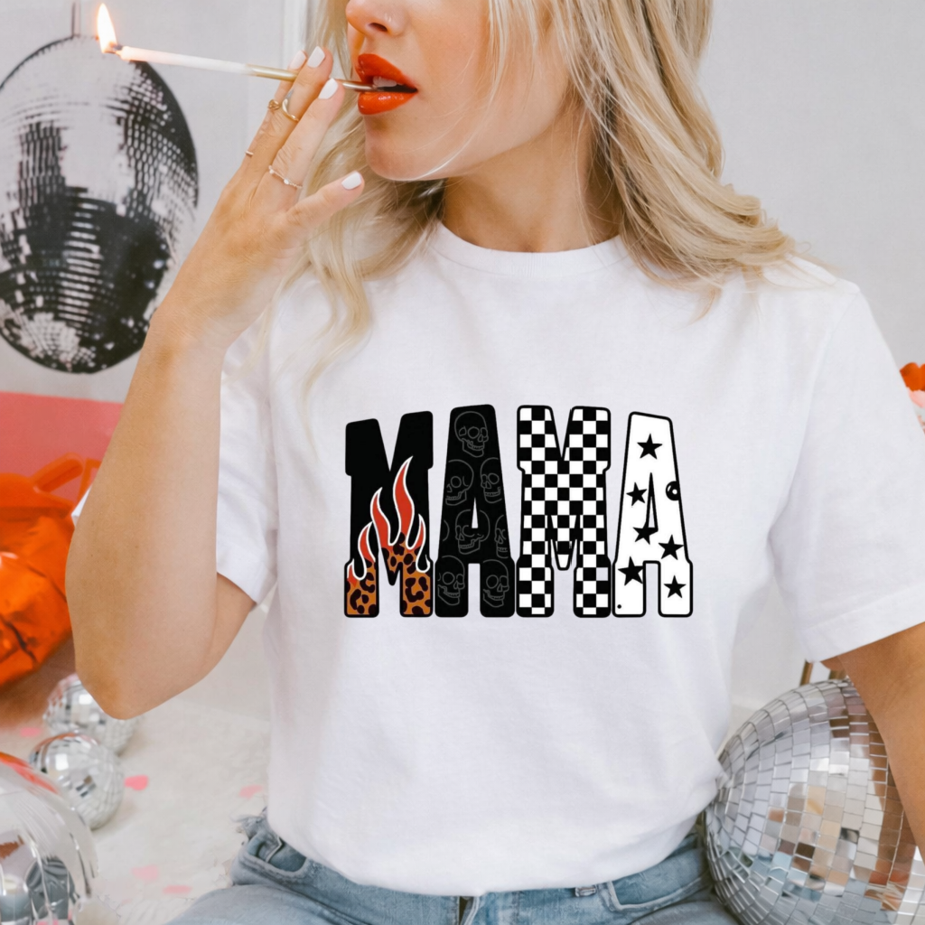 DTF Transfer Mama Graphic – Flame, Skull & Checker Letter