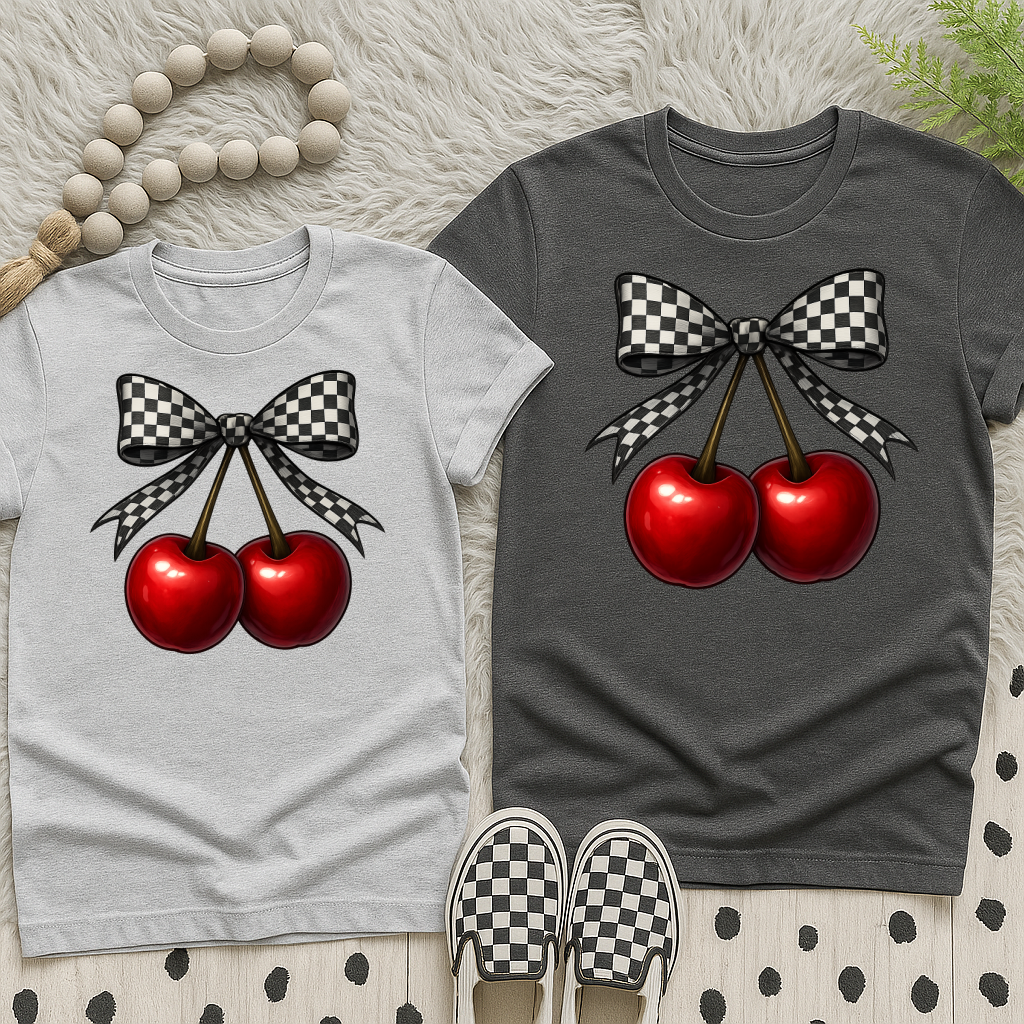 DTF Transfer – Cherry Bow with Checkered Ribbon Rockabilly Retro Style