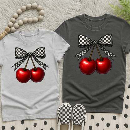 DTF Transfer – Cherry Bow with Checkered Ribbon Rockabilly Retro Style