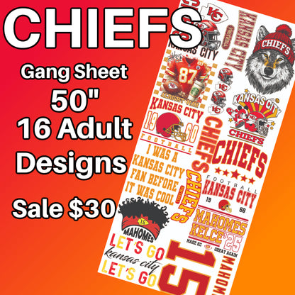 Football 50" Gang Sheet 16 Adult Designs Premade