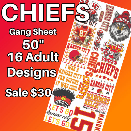 Football 50" Gang Sheet 16 Adult Designs Premade