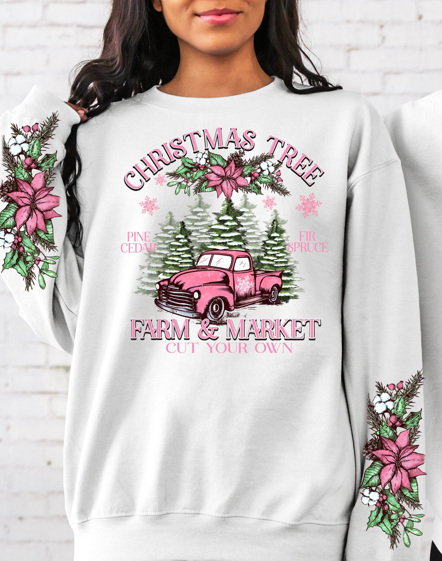 Sweatshirt Hoodie Or T-Shirt  Christmas  Hallmark Style Truck Farm Truck Pink W/ Sleeves