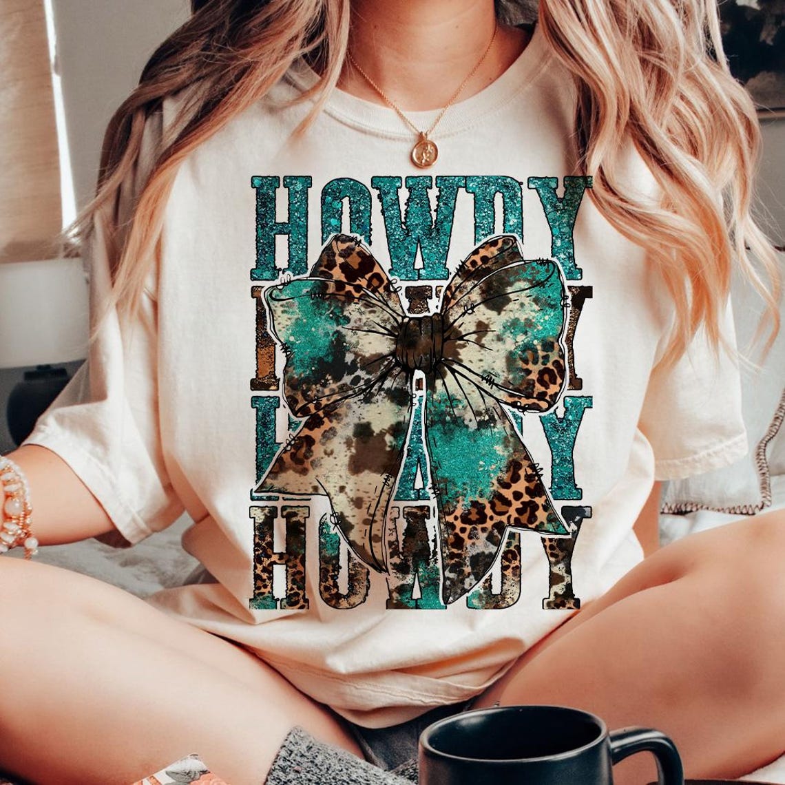 DTF Transfer Howdy Bow – Turquoise Glitter Western Print with Leopard Cowgirl Bow