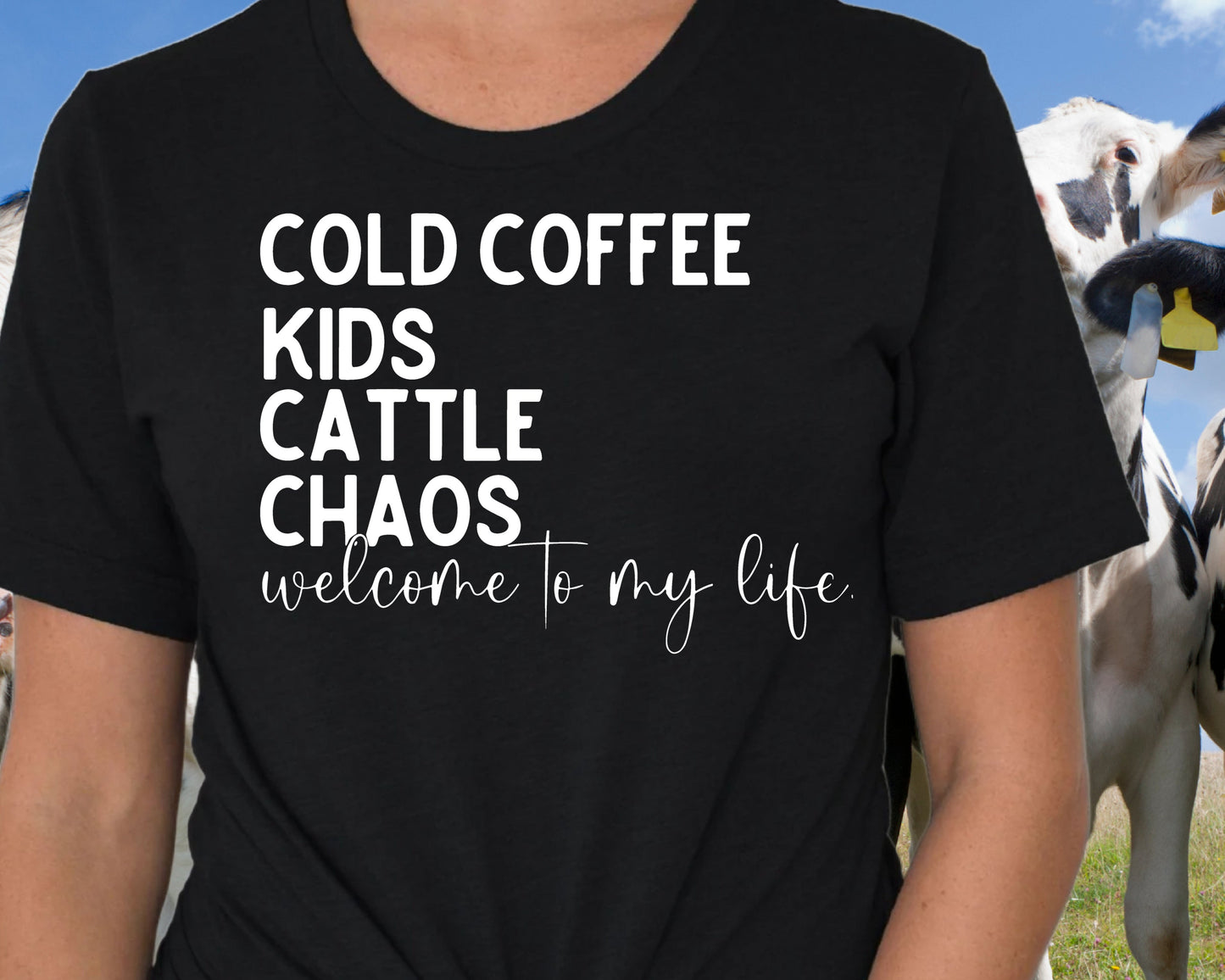 DTF Transfer Humor - Cold Coffee Kids Cattle Chaos Design