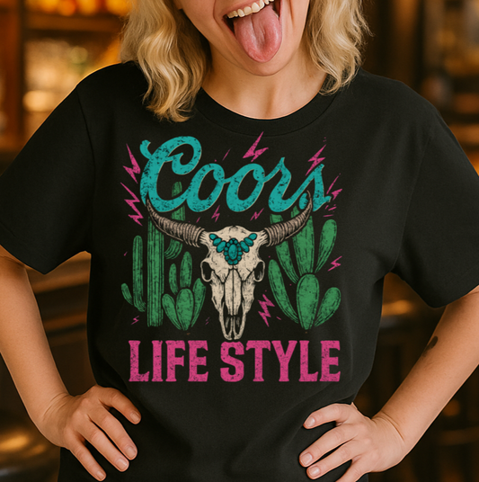 DTF Transfer Coors Life Style – Western Skull with Cactus & Turquoise Accent