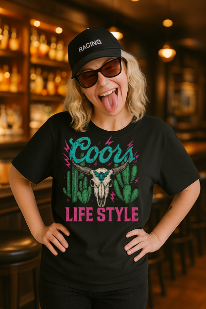 DTF Transfer Coors Life Style – Western Skull with Cactus & Turquoise Accent