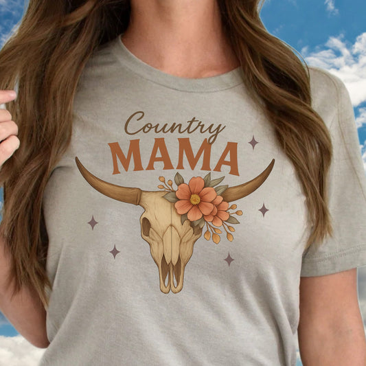 DTF Transfer Country Mama – Western Floral Cow Skull Boho Design