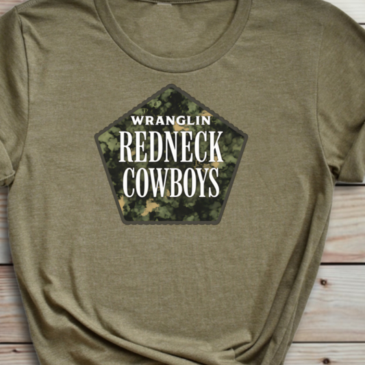 DTF Transfer Wranglin’ Redneck Cowboys – Camo Western Badge Graphic