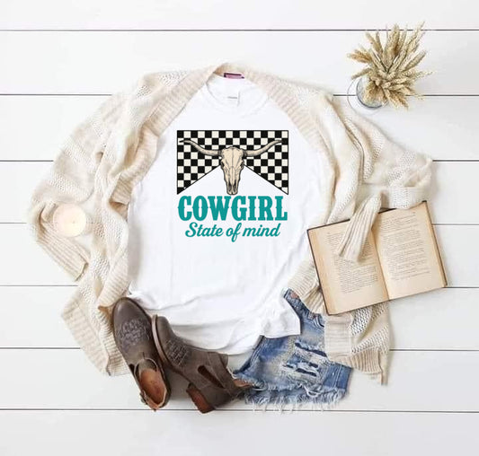 DTF Transfer Cowgirl State of Mind – Western Skull with Checkerboard Design