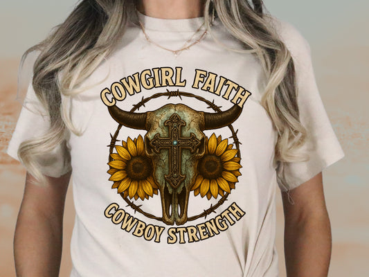 DTF Transfer Cowgirl Faith Cowboy Strength – Western Skull & Sunflower Design
