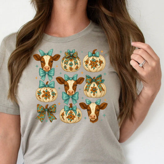 DTF Transfer Fall Cow & Pumpkin Grid – Teal Bows, Floral Pumpkins & Farm Charm