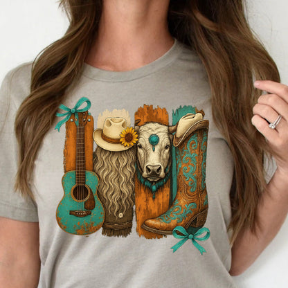 DTF Transfer Western Cow – Guitar, Boots, Hat & Highland Print with Teal Accents