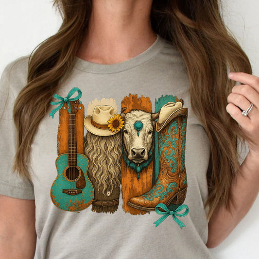 DTF Transfer Western Cow – Guitar, Boots, Hat & Highland Print with Teal Accents