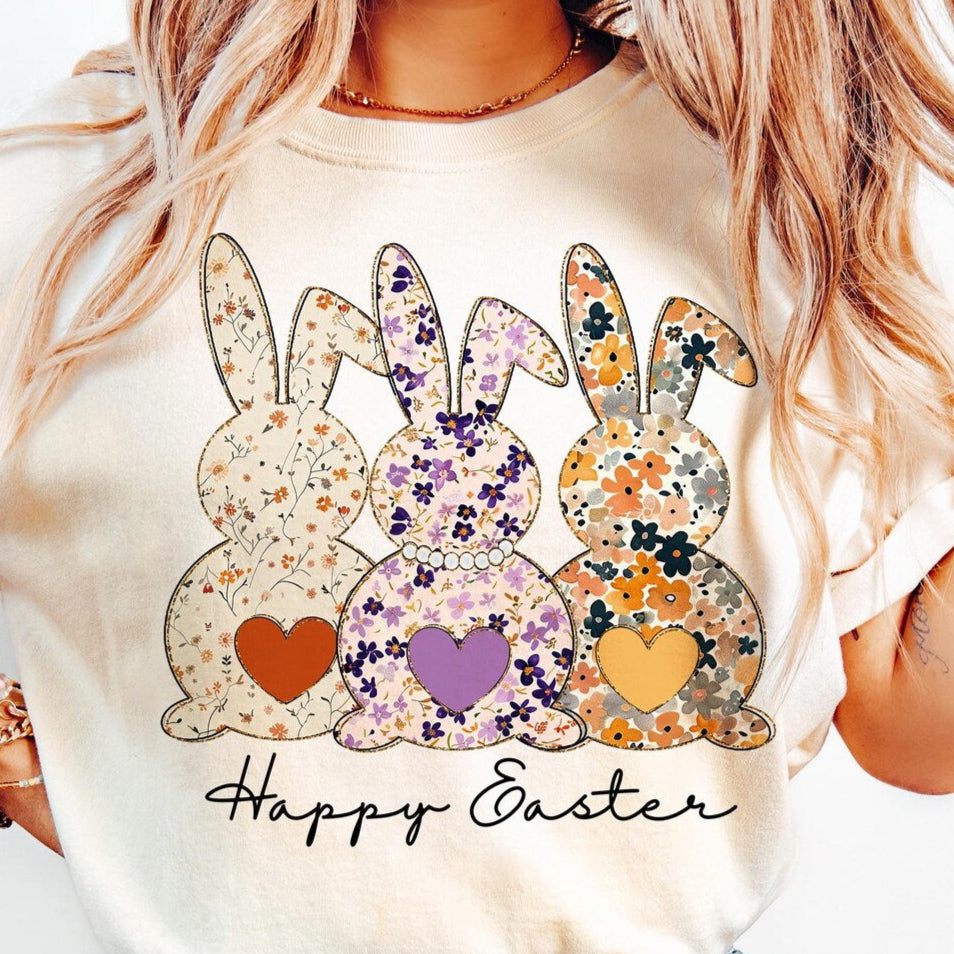 DTF Transfer Happy Easter - Vintage Floral Bunny Trio Design